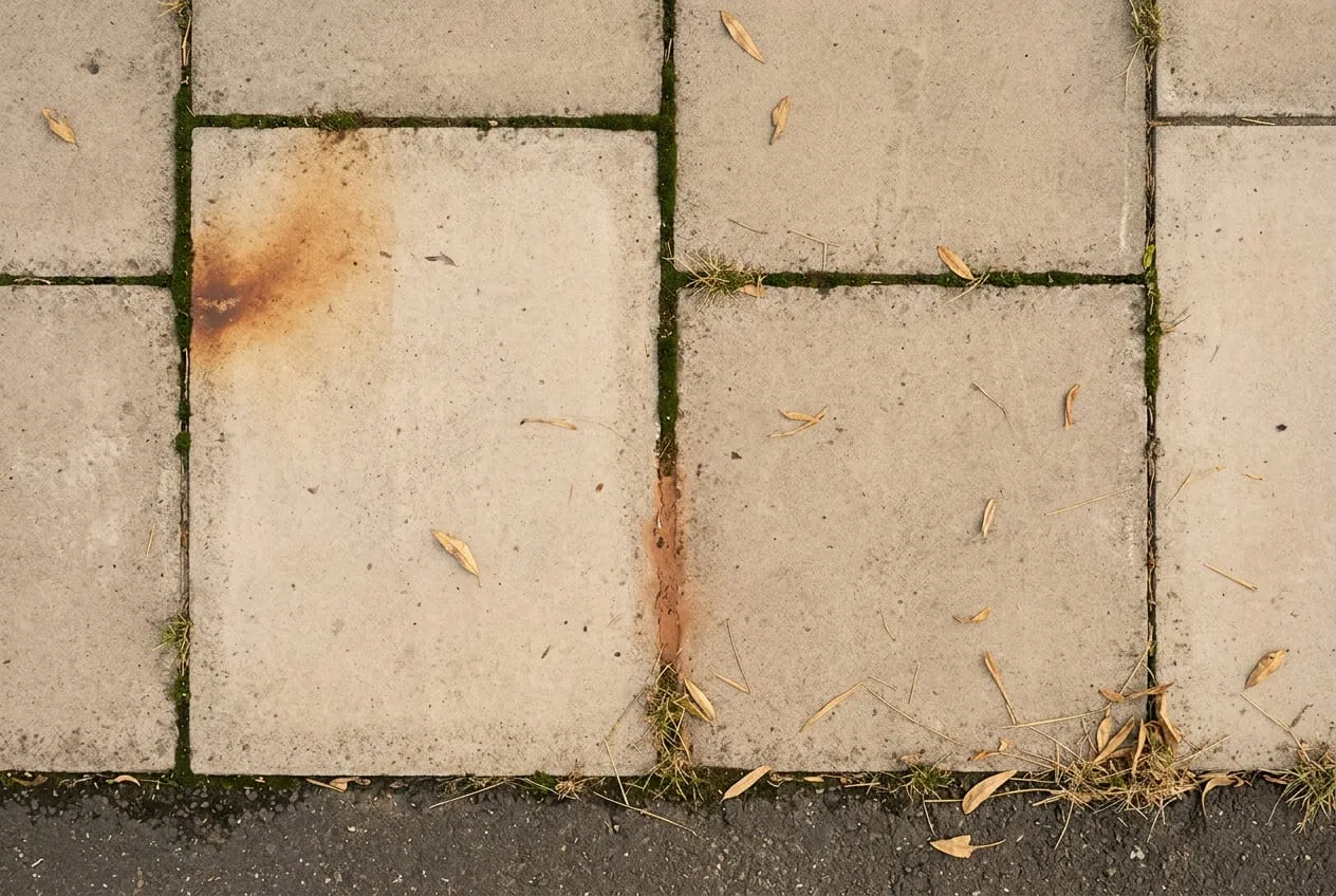 Sakin bir sokakta eski kaldırım, tam tepeden görünüyor. Sıcak-gri beton plakalar, derzlerinde yeşil-siyah yosun, bir plakada taşa işlemiş pas rengi leke; altta koyu asfalt bandı.