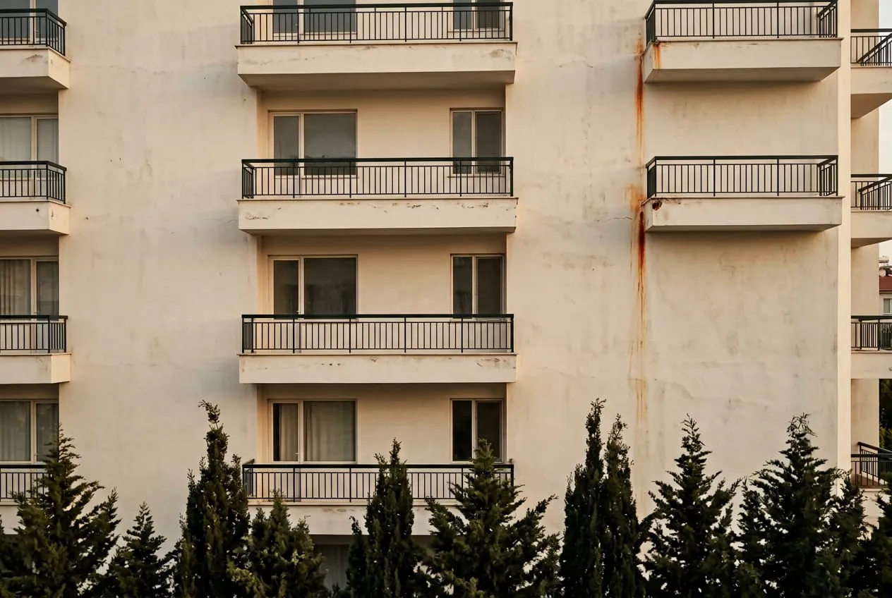Sade sıvalı bir apartman cephesi, üst üste dört kat açık balkon. Korkuluklar koyu yeşil-siyah demir; bir korkuluk ankrajının altında sıvaya inen ince pas akıntısı. Önde selvi sırası.